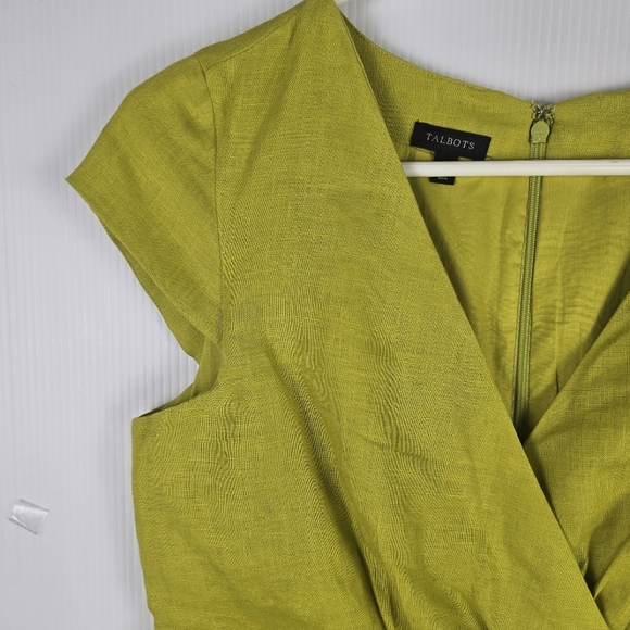 Talbots Womens Chartreuse Cap Sleeve Suplice Faux Wrap 100% Linen Dress Size 6 - Picture 4 of 15